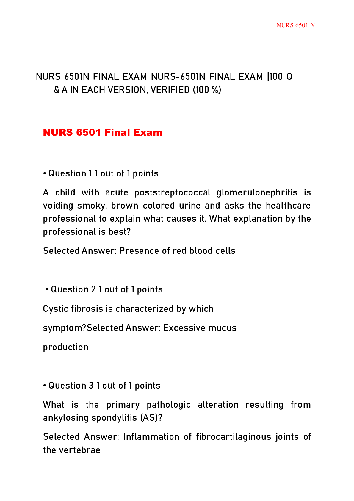 Preview image for NURS 6501N FINAL EXAM NURS-6501N FINAL EXAM |100 Q & A in Each Version, Verified and 100 % Correct